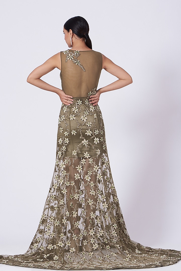 Olive Embroidered Wedding Gown by KANJ By Priyanka Sakhuja at Pernia's Pop Up Shop