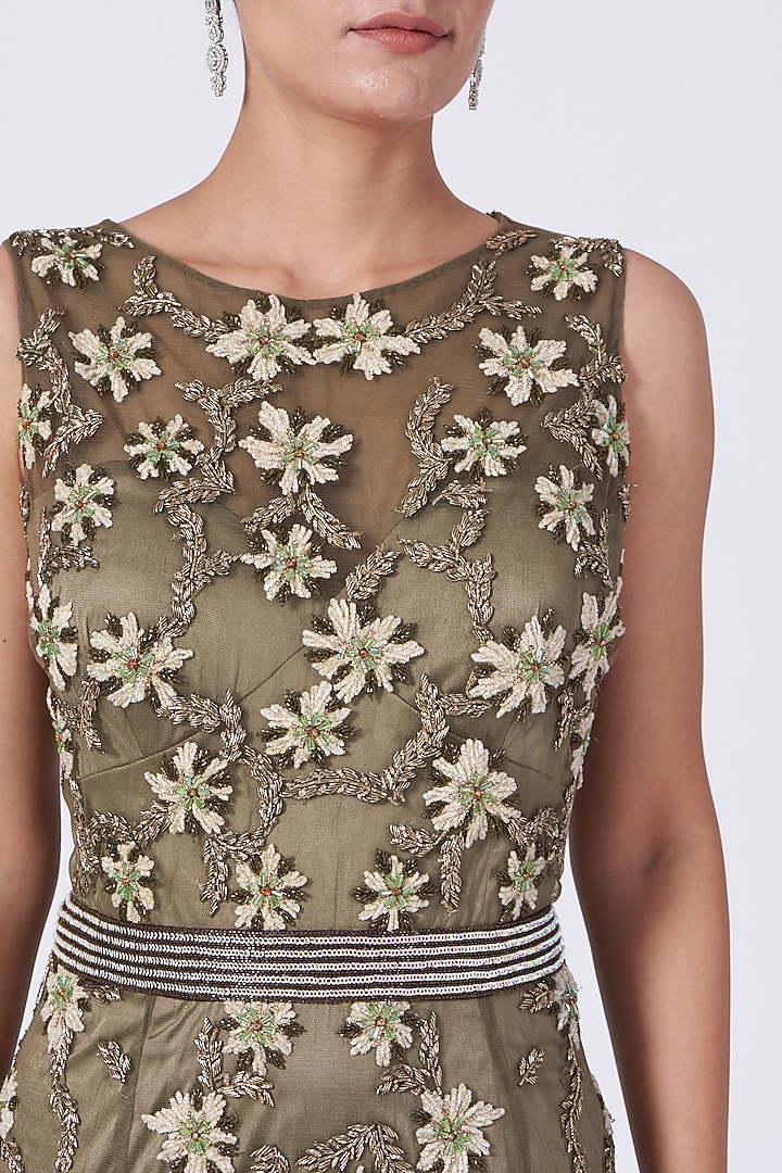 Olive Embroidered Wedding Gown by KANJ By Priyanka Sakhuja at Pernia's Pop Up Shop