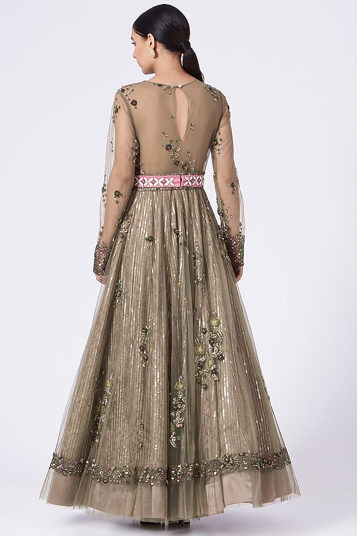 Olive Sequins Embellished Wedding Anarkali by KANJ By Priyanka Sakhuja at Pernia's Pop Up Shop