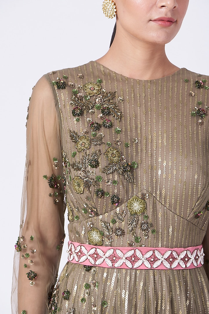 Olive Sequins Embellished Wedding Anarkali by KANJ By Priyanka Sakhuja at Pernia's Pop Up Shop