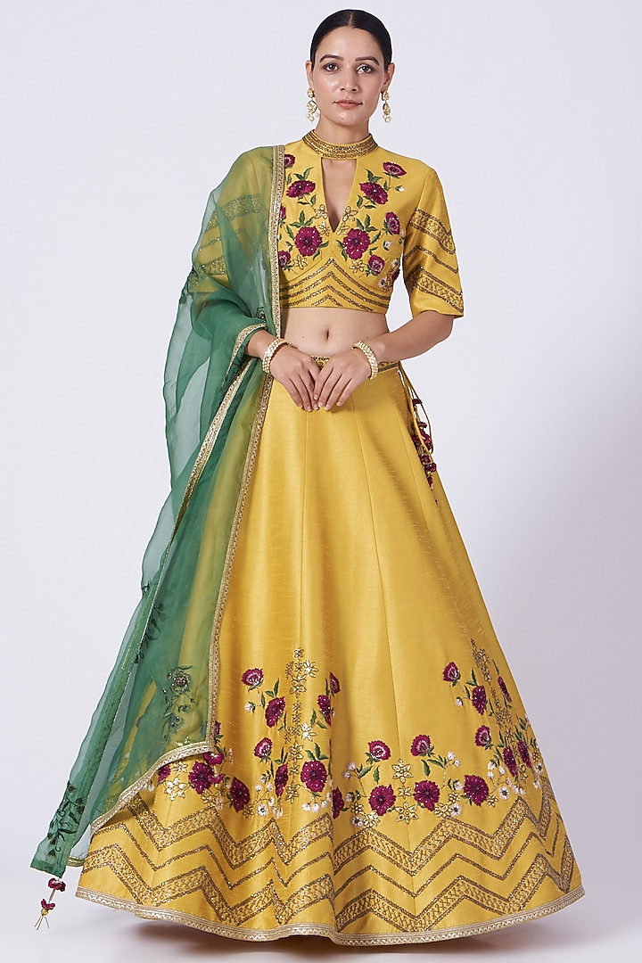 Mustard Thread Embroidered Wedding Lehenga Set by KANJ By Priyanka Sakhuja at Pernia's Pop Up Shop