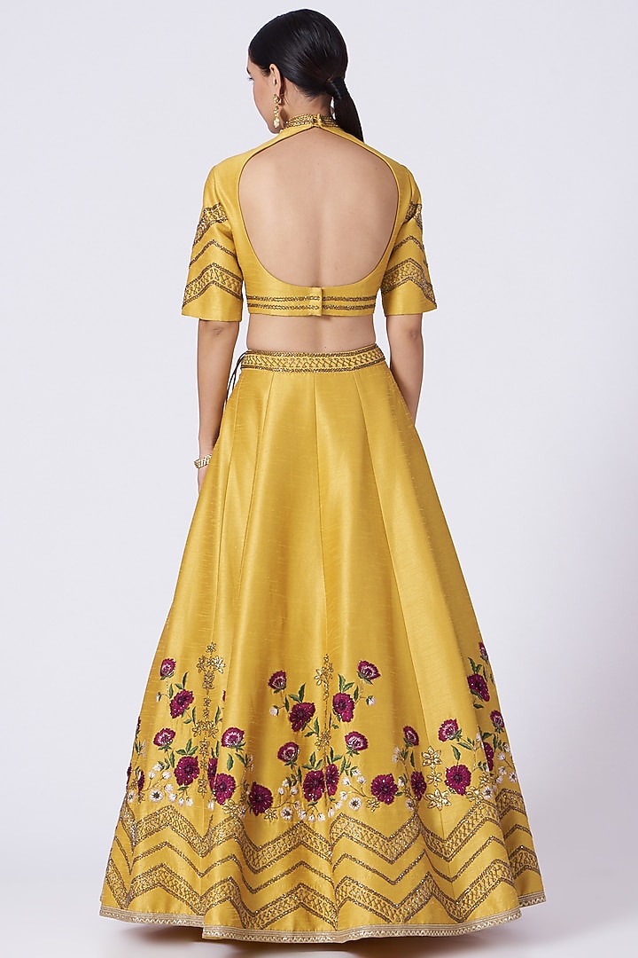 Mustard Thread Embroidered Wedding Lehenga Set by KANJ By Priyanka Sakhuja at Pernia's Pop Up Shop