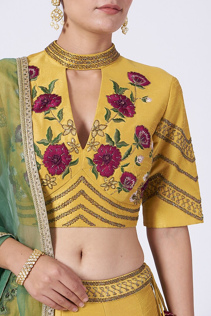 Mustard Thread Embroidered Wedding Lehenga Set by KANJ By Priyanka Sakhuja at Pernia's Pop Up Shop