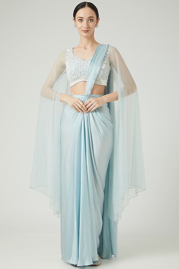 Sky Blue Silk Satin Draped Skirt Saree Set by KANJ By Aruna & Priyanka