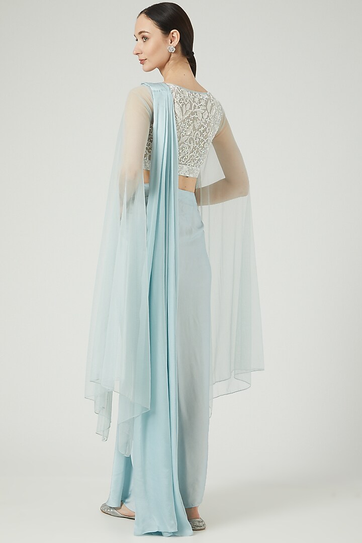 Sky Blue Silk Satin Draped Skirt Wedding Saree Set by KANJ By Priyanka Sakhuja at Pernia's Pop Up Shop