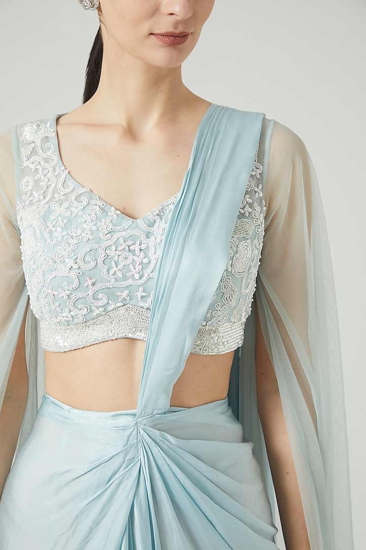 Sky Blue Silk Satin Draped Skirt Wedding Saree Set by KANJ By Priyanka Sakhuja at Pernia's Pop Up Shop