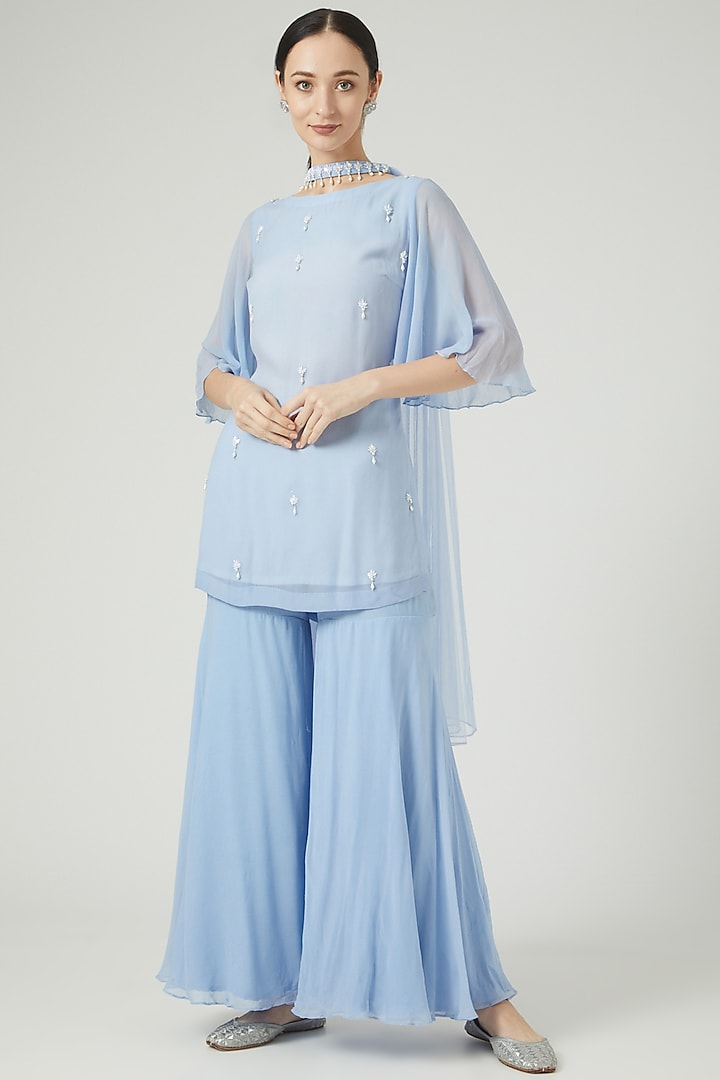 Sky Blue Viscose Georgette Gharara Set by KANJ By Aruna & Priyanka