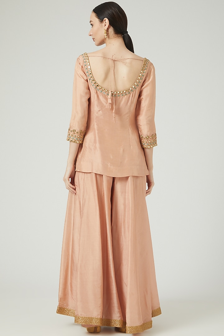 Peach Opara Silk Party Wear Sharara Set by KANJ By Priyanka Sakhuja at Pernia's Pop Up Shop