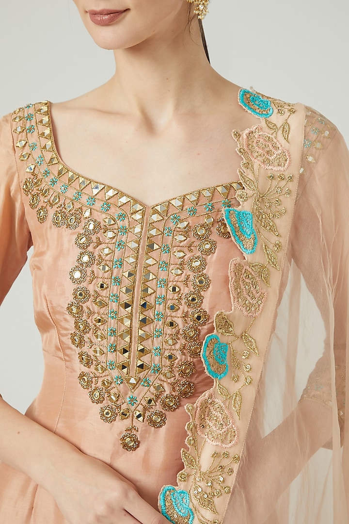 Peach Opara Silk Party Wear Sharara Set by KANJ By Priyanka Sakhuja at Pernia's Pop Up Shop