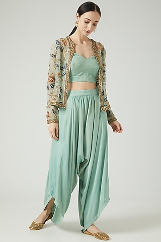Mint Green Silk Matt Satin Dhoti Set by KANJ By Priyanka Sakhuja