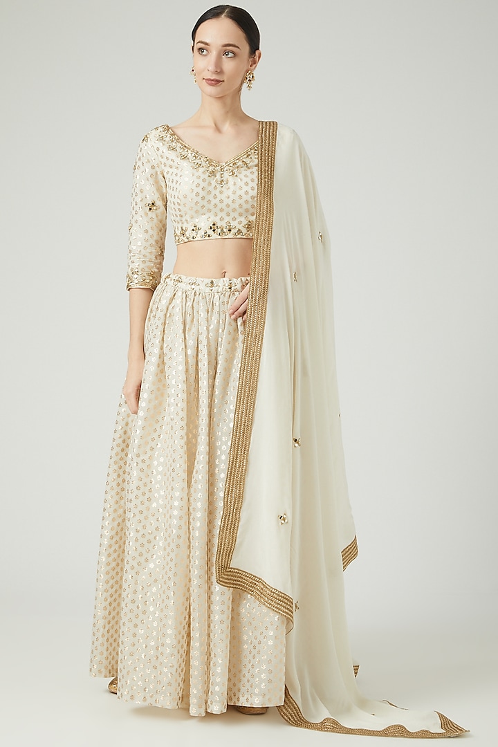 White Banarsi Chanderi Embroidered Lehenga Set by KANJ By Aruna & Priyanka at Pernia's Pop Up Shop