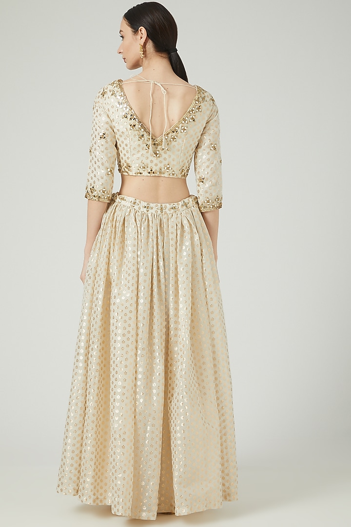 White Banarsi Chanderi Embroidered Lehenga Set by KANJ By Priyanka Sakhuja at Pernia's Pop Up Shop