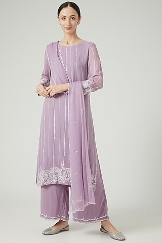 Mauve Georgette Embroidered Kurta Set by KANJ By Priyanka Sakhuja
