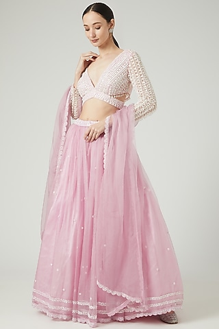 Blush Pink Silk Organza Lehenga Set by KANJ By Priyanka Sakhuja