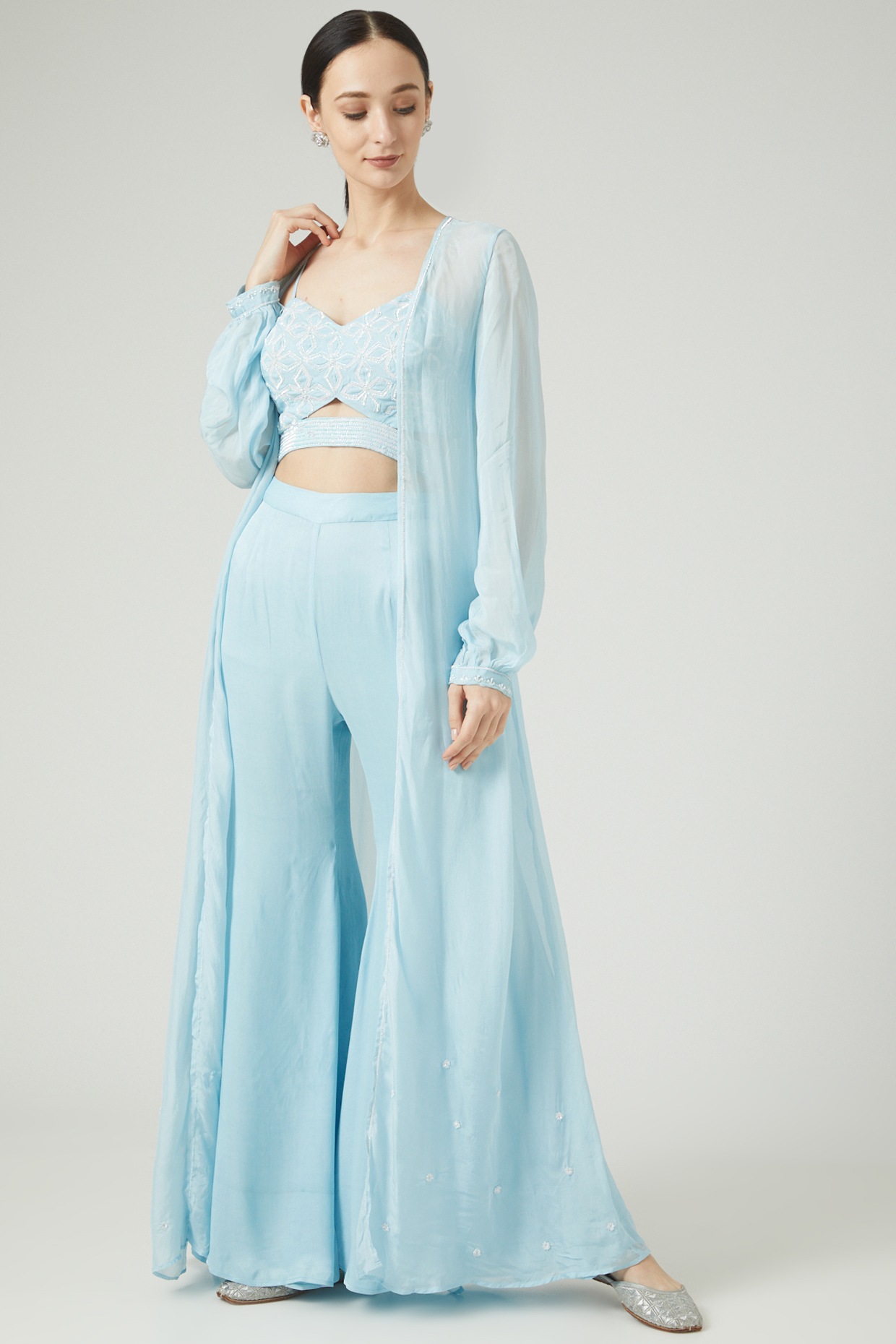 Buy Asra Blue Satin Boot Cut Pant Set With Bow-tie Top Online | Aza Fashions