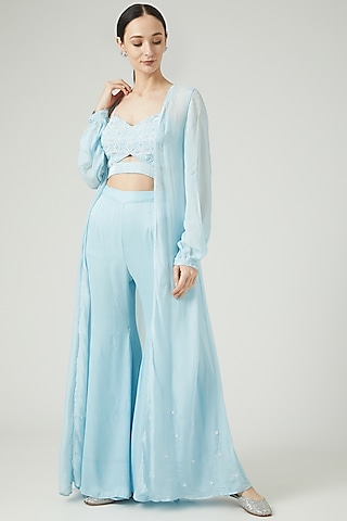 Sky Blue Silk Matt Satin Pant Set by KANJ By Priyanka Sakhuja