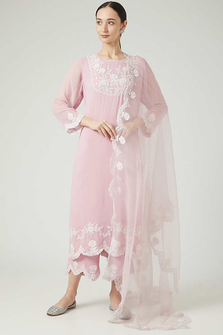 Blush Pink Embroidered Kurta Set by KANJ By Aruna & Priyanka