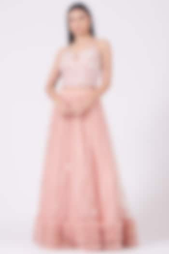 Pastel Pink Hand Embroidered Ruffled Wedding Lehenga Set by KANJ By Aruna & Priyanka at Pernia's Pop Up Shop