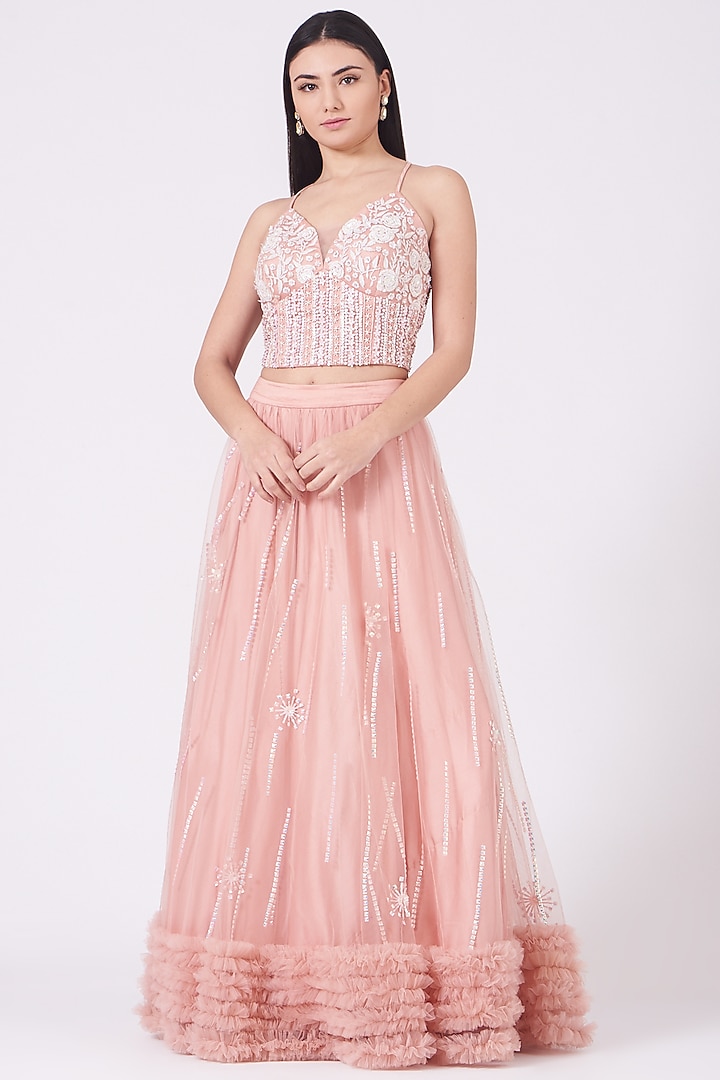 Pastel Pink Hand Embroidered Ruffled Wedding Lehenga Set by KANJ By Aruna & Priyanka at Pernia's Pop Up Shop