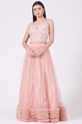 Pastel Pink Hand Embroidered Ruffled Lehenga Set by KANJ By Priyanka Sakhuja