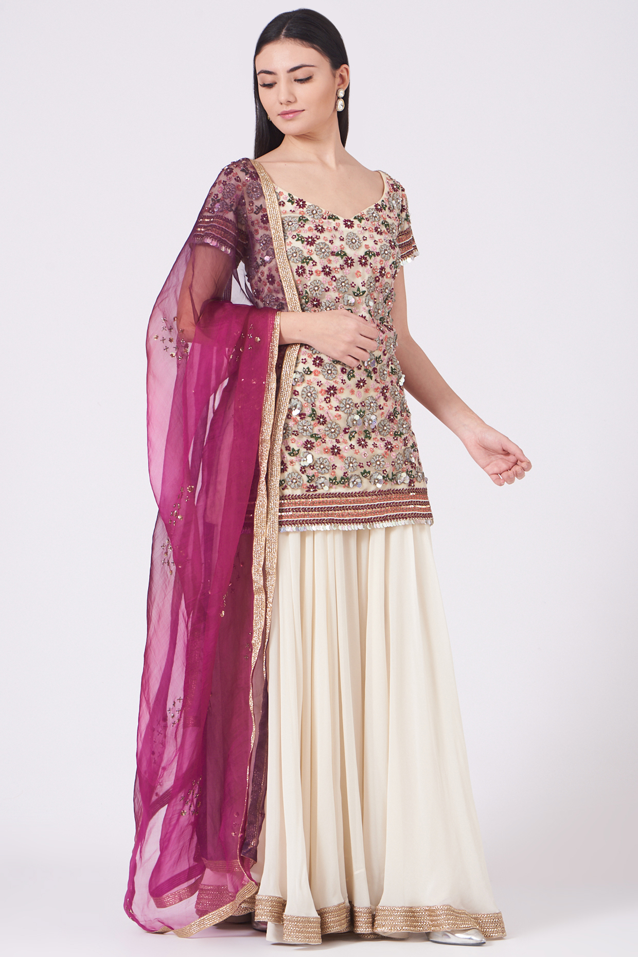 Ecru Silk Georgette Flared Sharara Set by KANJ By Aruna & Priyanka