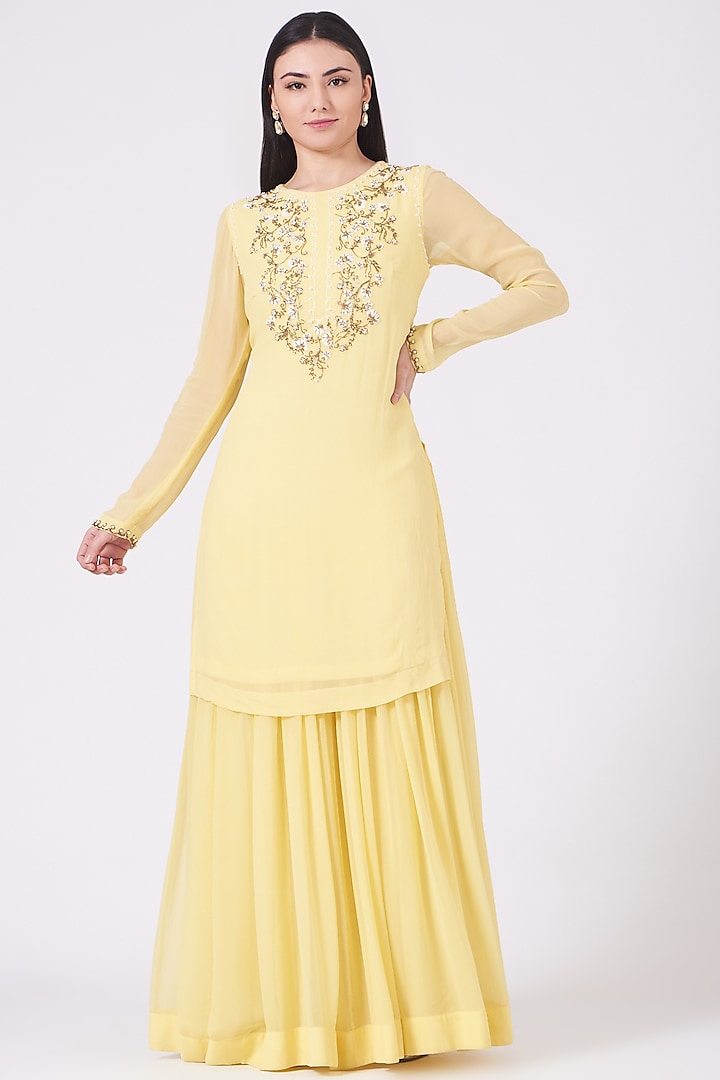 Pastel Yellow Embroidered Kurta With Attached Sharara by KANJ By Aruna & Priyanka