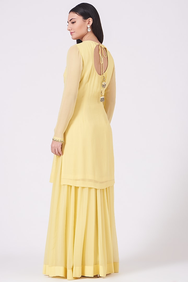 Pastel Yellow Embroidered Kurta With Attached Party Wear Sharara by KANJ By Priyanka Sakhuja at Pernia's Pop Up Shop