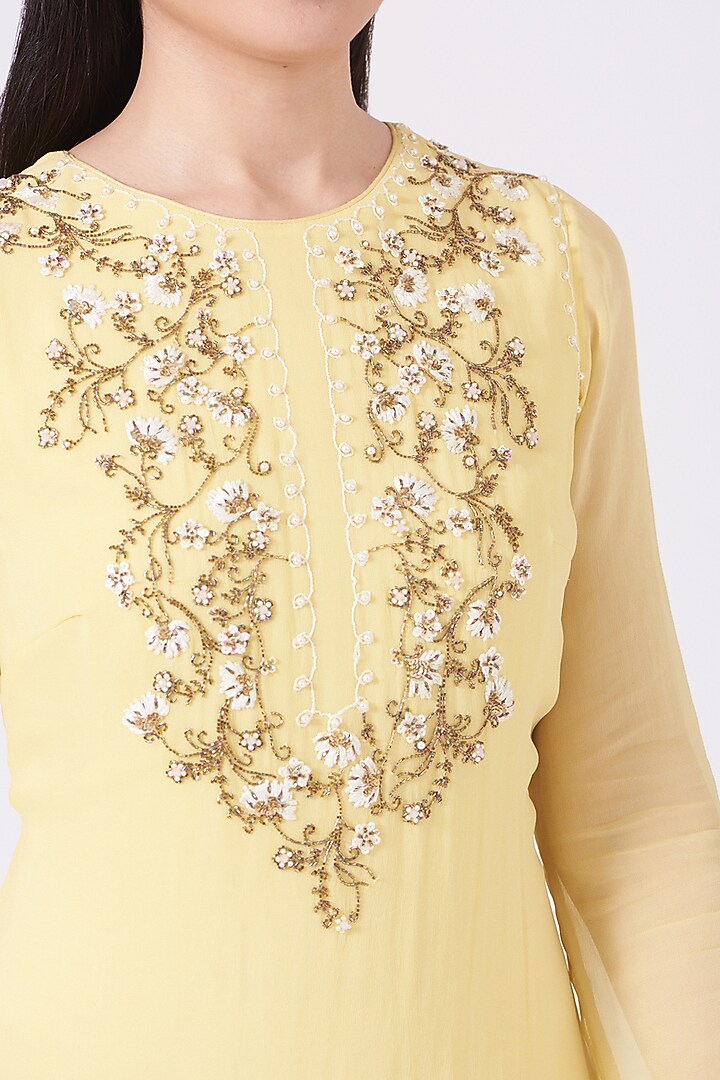 Pastel Yellow Embroidered Kurta With Attached Party Wear Sharara by KANJ By Priyanka Sakhuja at Pernia's Pop Up Shop