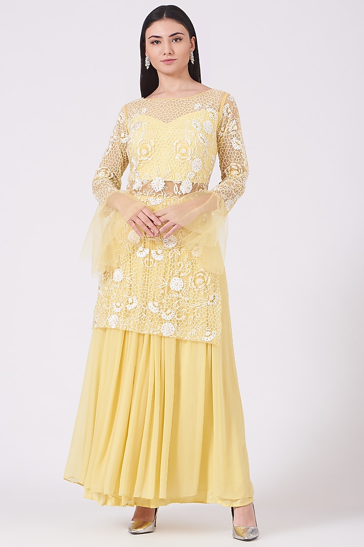 Lemon Yellow Silk Georgette Embroidered Skirt With Attached Kurta by KANJ By Aruna & Priyanka