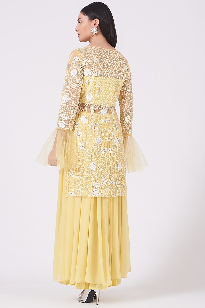 Lemon Yellow Silk Georgette Embroidered Skirt With Attached Kurta by KANJ By Priyanka Sakhuja at Pernia's Pop Up Shop