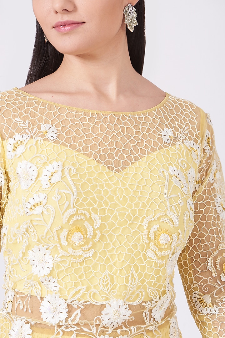 Lemon Yellow Silk Georgette Embroidered Skirt With Attached Kurta by KANJ By Priyanka Sakhuja at Pernia's Pop Up Shop