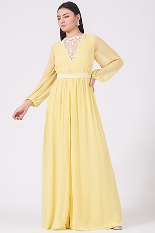 Lemon Yellow Georgette Flared Jumpsuit by KANJ By Priyanka Sakhuja