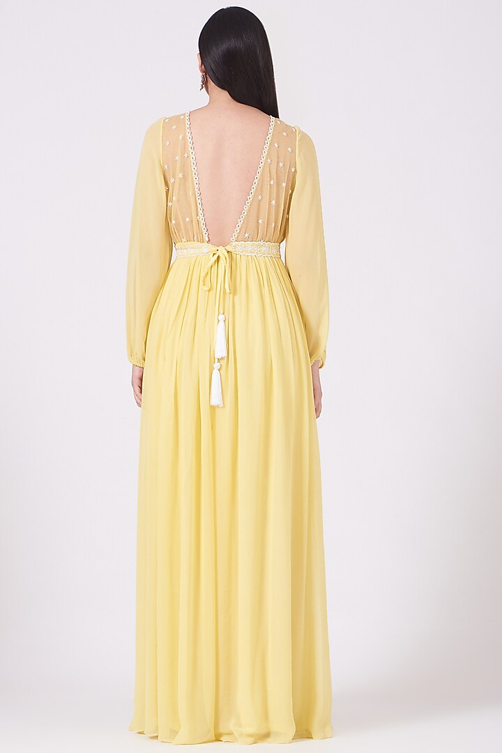 Lemon Yellow Georgette Flared Jumpsuit by KANJ By Priyanka Sakhuja at Pernia's Pop Up Shop