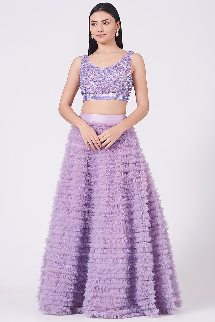 Lilac Net Ruffled Skirt Set by KANJ By Aruna & Priyanka