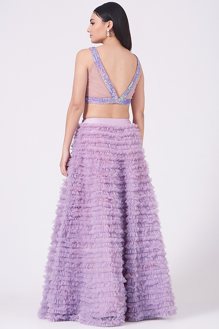 Lilac Net Ruffled Skirt Set by KANJ By Priyanka Sakhuja at Pernia's Pop Up Shop