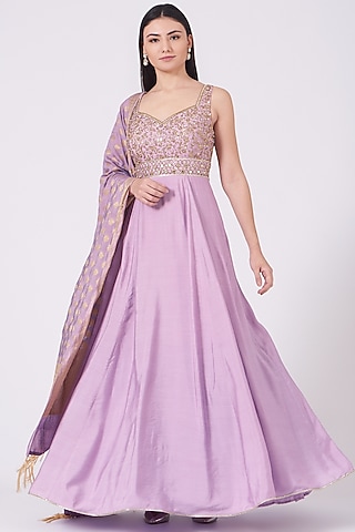 Lilac Hand Embroidered Anarkali Set by KANJ By Priyanka Sakhuja