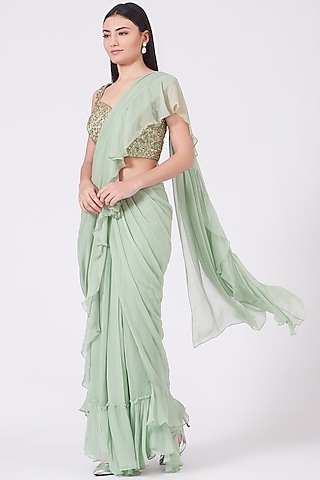 Sage Green Georgette Ruffled Saree Set by KANJ By Priyanka Sakhuja