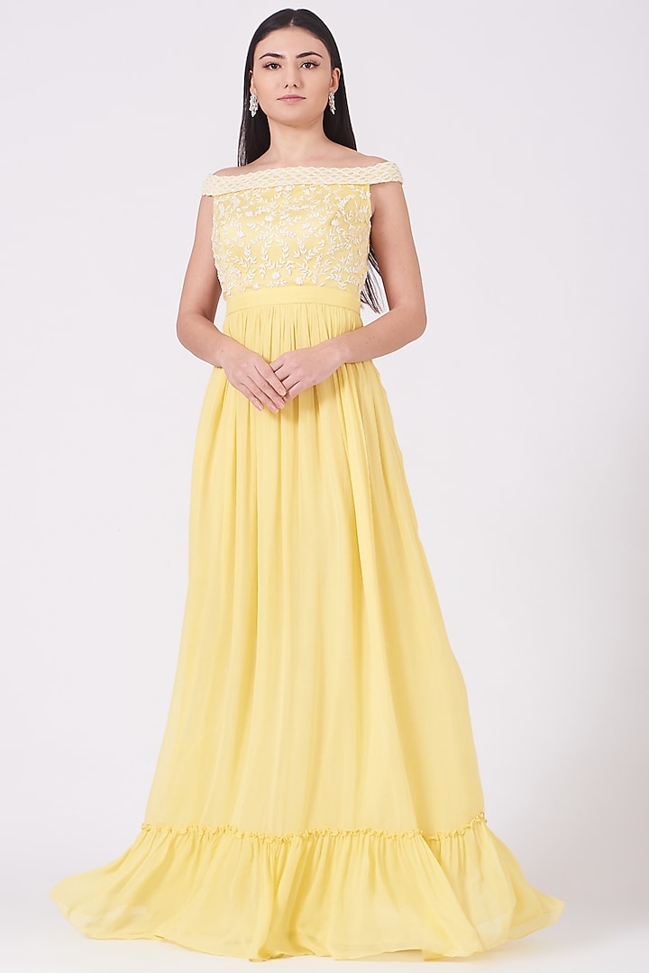 Lemon Yellow Hand Embroidered Flared Gown by KANJ By Aruna & Priyanka