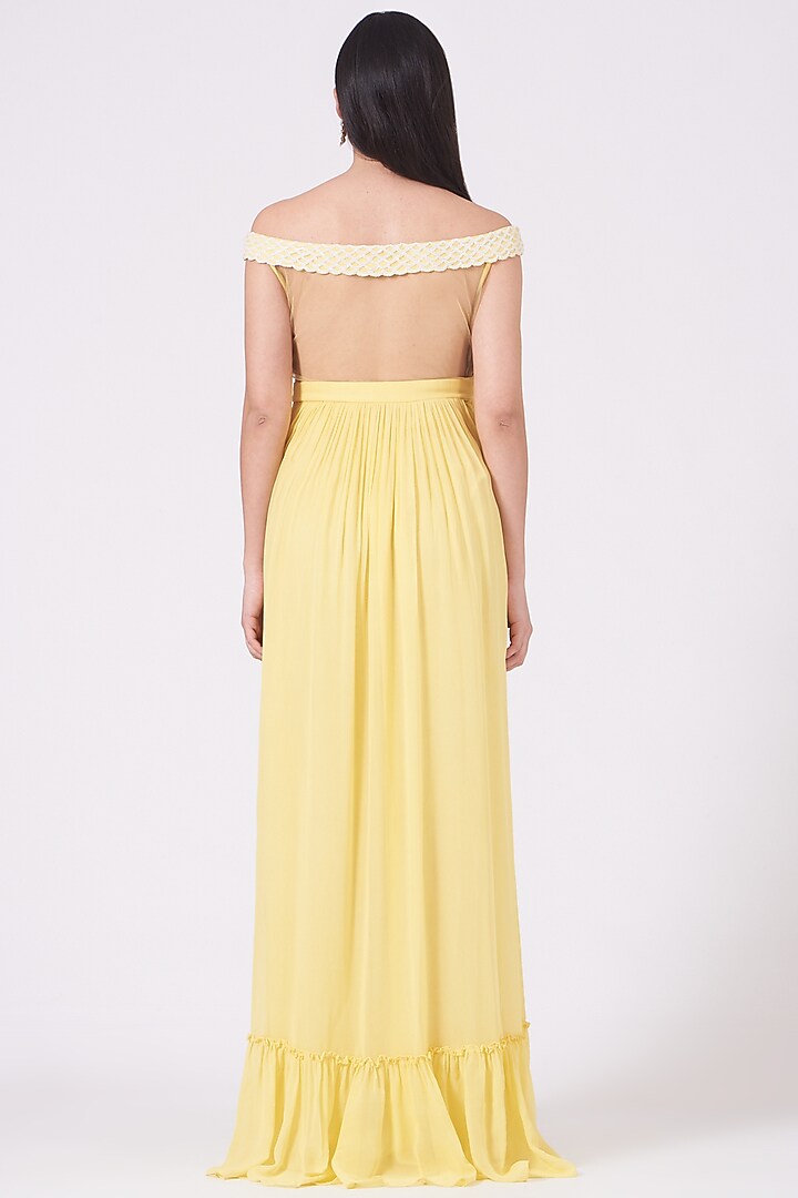 Lemon Yellow Hand Embroidered Flared Gown by KANJ By Priyanka Sakhuja at Pernia's Pop Up Shop