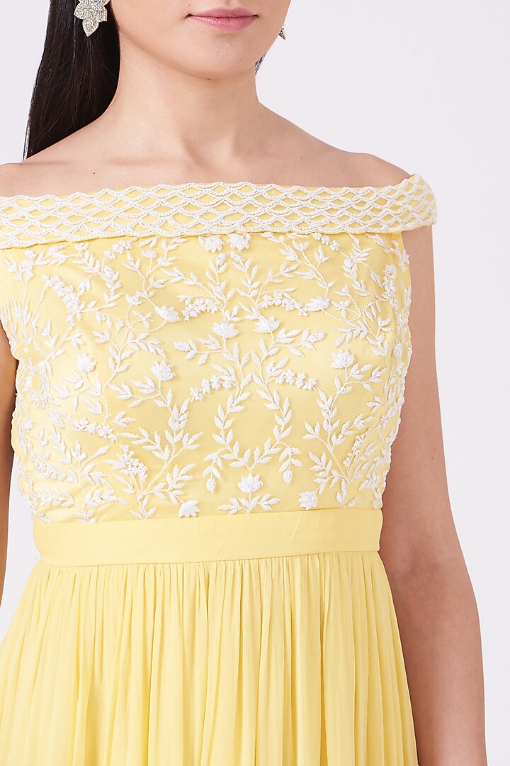 Lemon Yellow Hand Embroidered Flared Gown by KANJ By Priyanka Sakhuja at Pernia's Pop Up Shop
