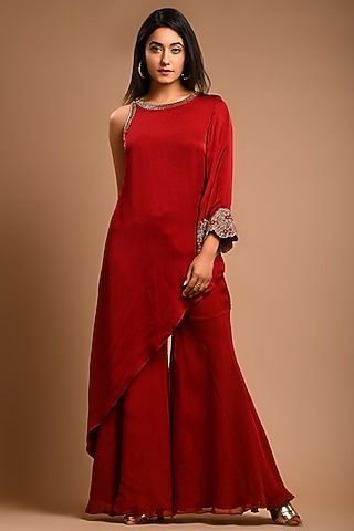 Deep Red Organza Pant Set by KANIKA MITTAL