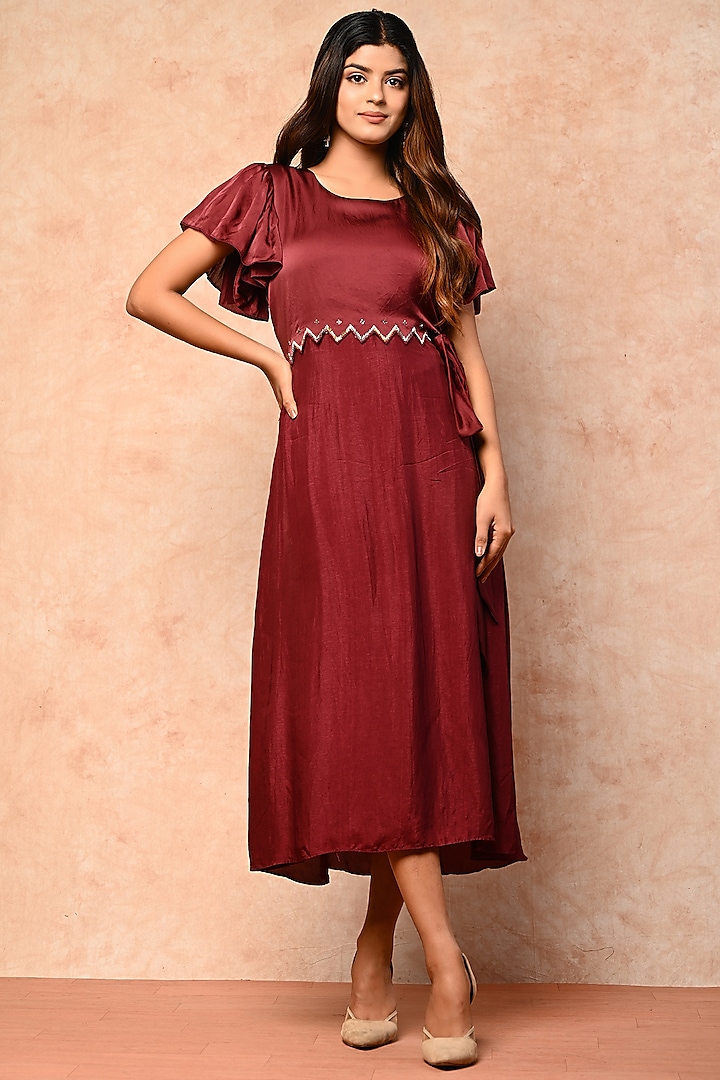 Maroon Silk Dress With Cape by KANIKA MITTAL