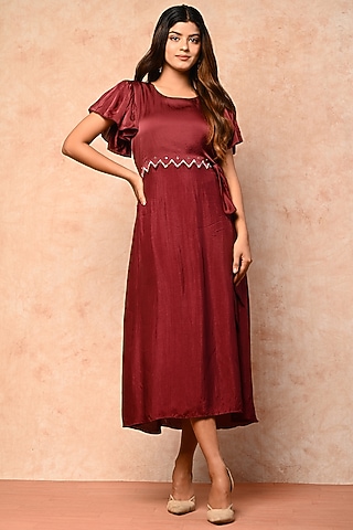 Maroon Silk Dress With Cape by KANIKA MITTAL
