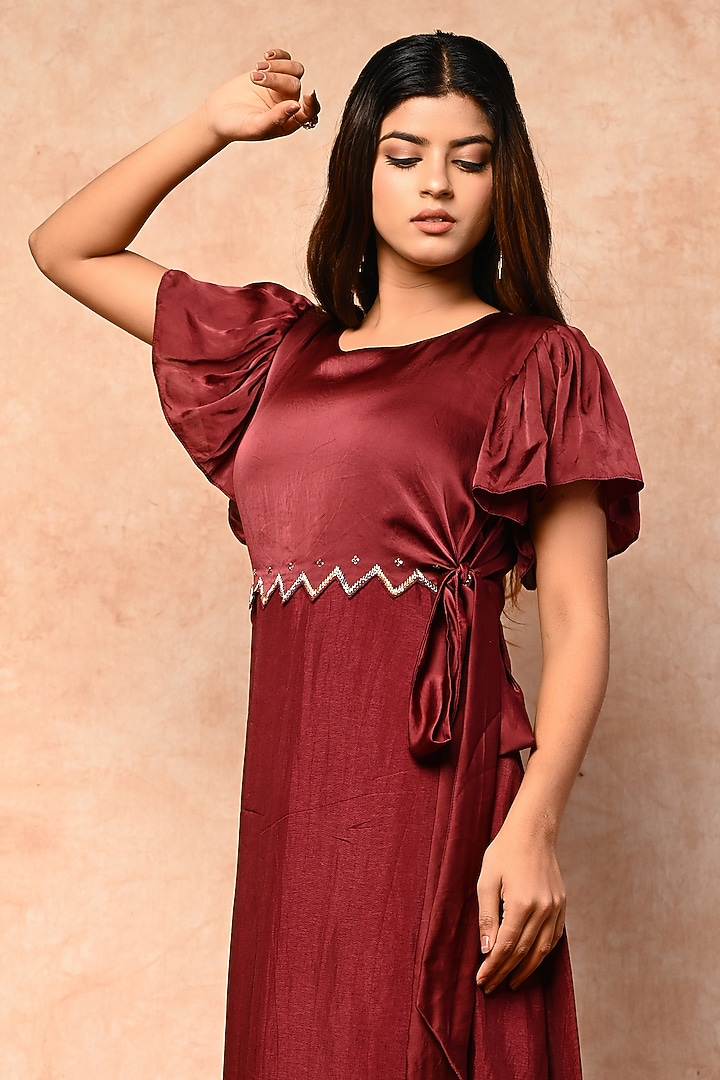 Maroon Silk Summer Dress With Cape by KANIKA MITTAL at Pernia's Pop Up Shop