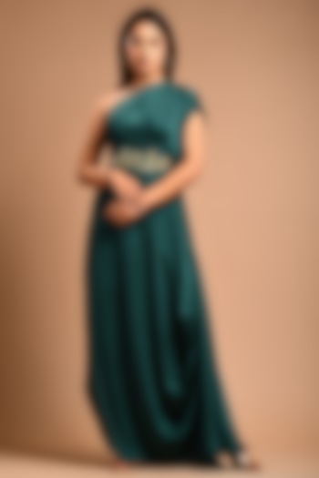 Bottle Green Hand Embroidered Draped Gown by KANIKA MITTAL