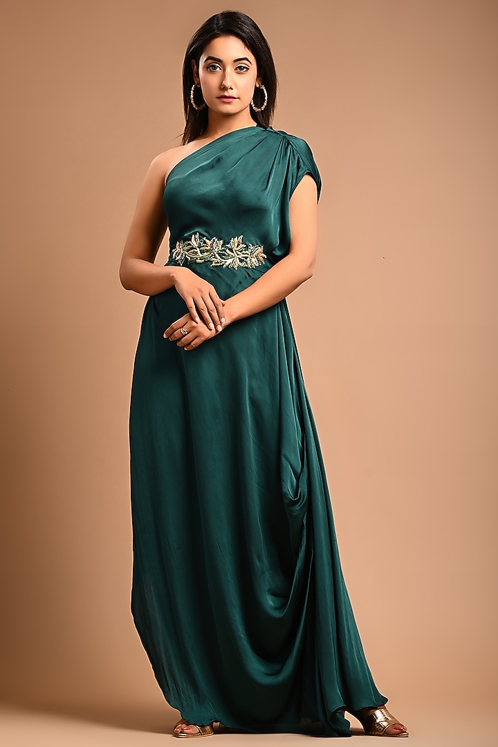 Bottle Green Hand Embroidered Draped Gown by KANIKA MITTAL
