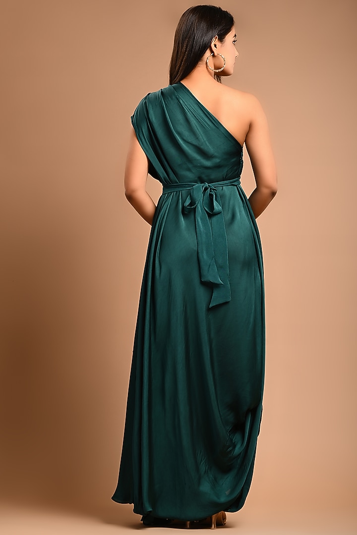 Bottle Green Hand Embroidered Draped Gown by KANIKA MITTAL at Pernia's Pop Up Shop