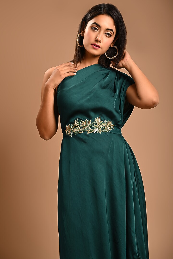 Bottle Green Hand Embroidered Draped Gown by KANIKA MITTAL at Pernia's Pop Up Shop