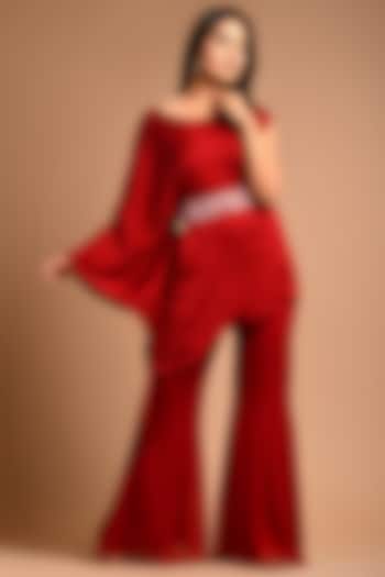 Deep Red Georgette Pant Set With Belt by KANIKA MITTAL