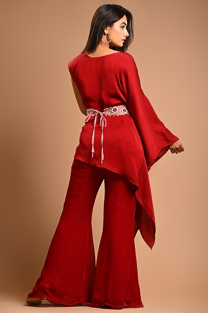 Deep Red Georgette Pant Set With Belt by KANIKA MITTAL at Pernia's Pop Up Shop